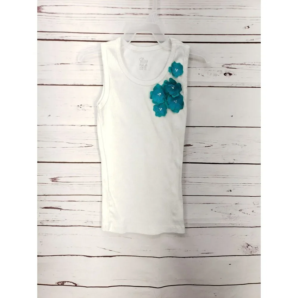 Children's Place White Ribbed Teal Floral Applique Medium Tank‎ Top